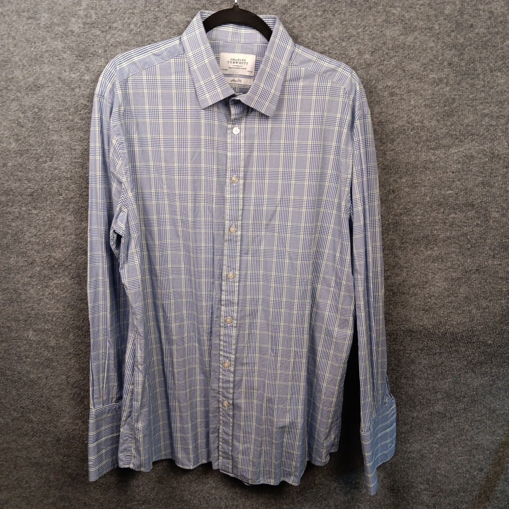Charles Tyrwhitt Slim Fit French Cuff Dress Shirt Blue Plaid 17.5 36 Mens